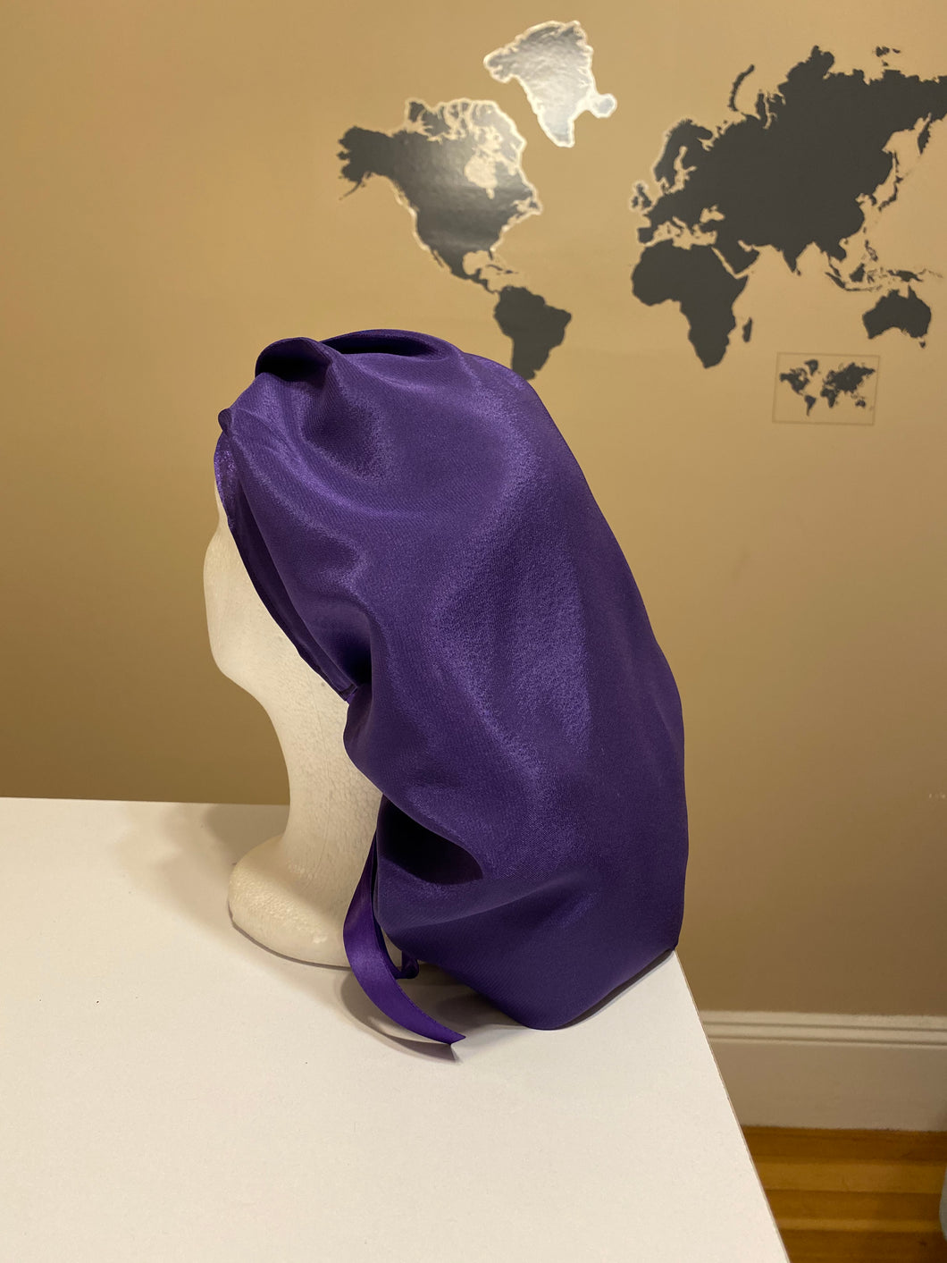 Satin- Purple Surgical Scrub Bonnet: Converts to Ponytail