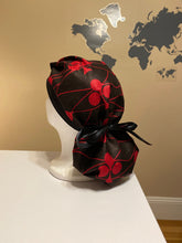 Load image into Gallery viewer, Cotton- Black with Red Clubs Surgical Scrub Bonnet: Converts to Ponytail
