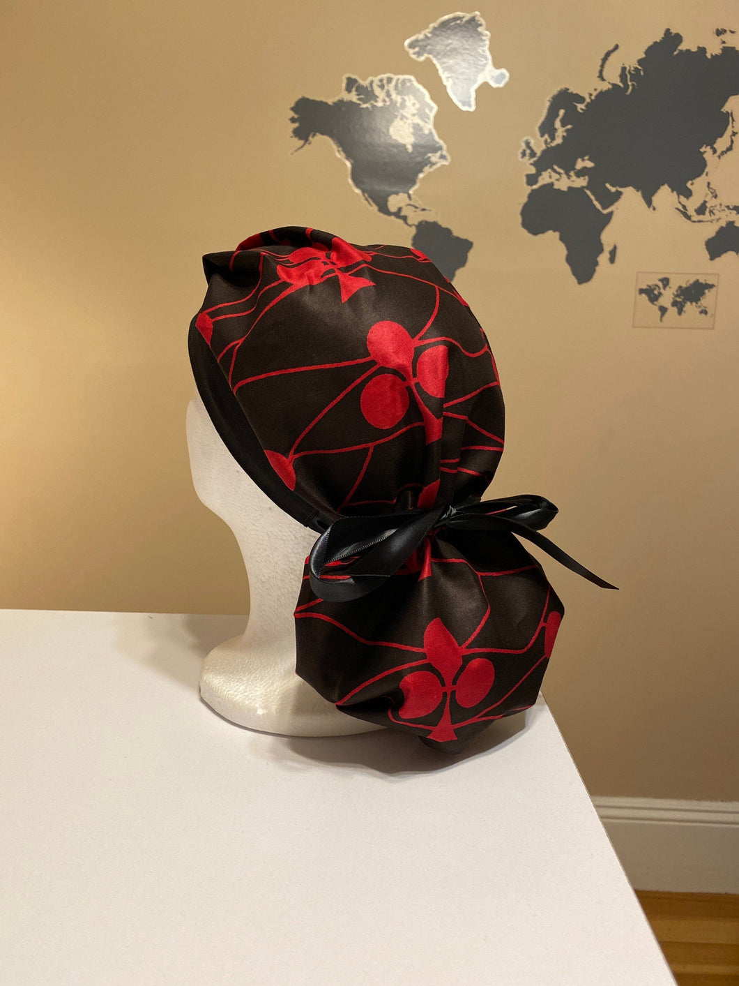 Cotton- Black with Red Clubs Surgical Scrub Bonnet: Converts to Ponytail