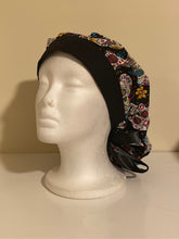 Load image into Gallery viewer, Cotton- Black Sugar Skulls Surgical Scrub Bonnet: Converts to Ponytail
