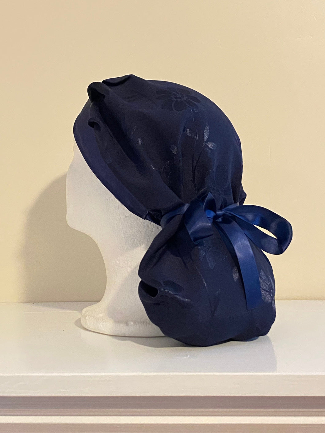 Satin- Navy Blue Floral Embroidered Surgical Scrub Bonnet: Converts to Ponytail