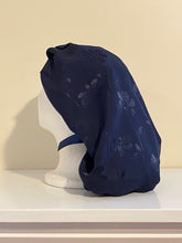 Load image into Gallery viewer, Satin- Navy Blue Floral Embroidered Surgical Scrub Bonnet: Converts to Ponytail

